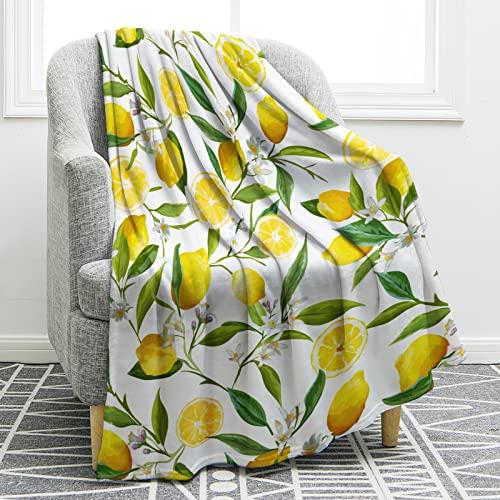 Jekeno Lemon Floral Blanket Yellow Fruits Green Leaves Print Gifts for Women Kids Girls Home Bedroom Living Room Decor Soft Cozy Lightweight Throw Blankets White 50"x60"
