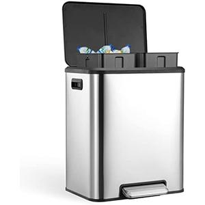 Garvee Dual Trash Can for Recycling and Trash, Stainless Steel Kitchen Trash Can with Lid and Foot Pedal, Double Compartment Garbage Can, with Recycling Bin (Silver, 8 Gallon(2x4Gal))