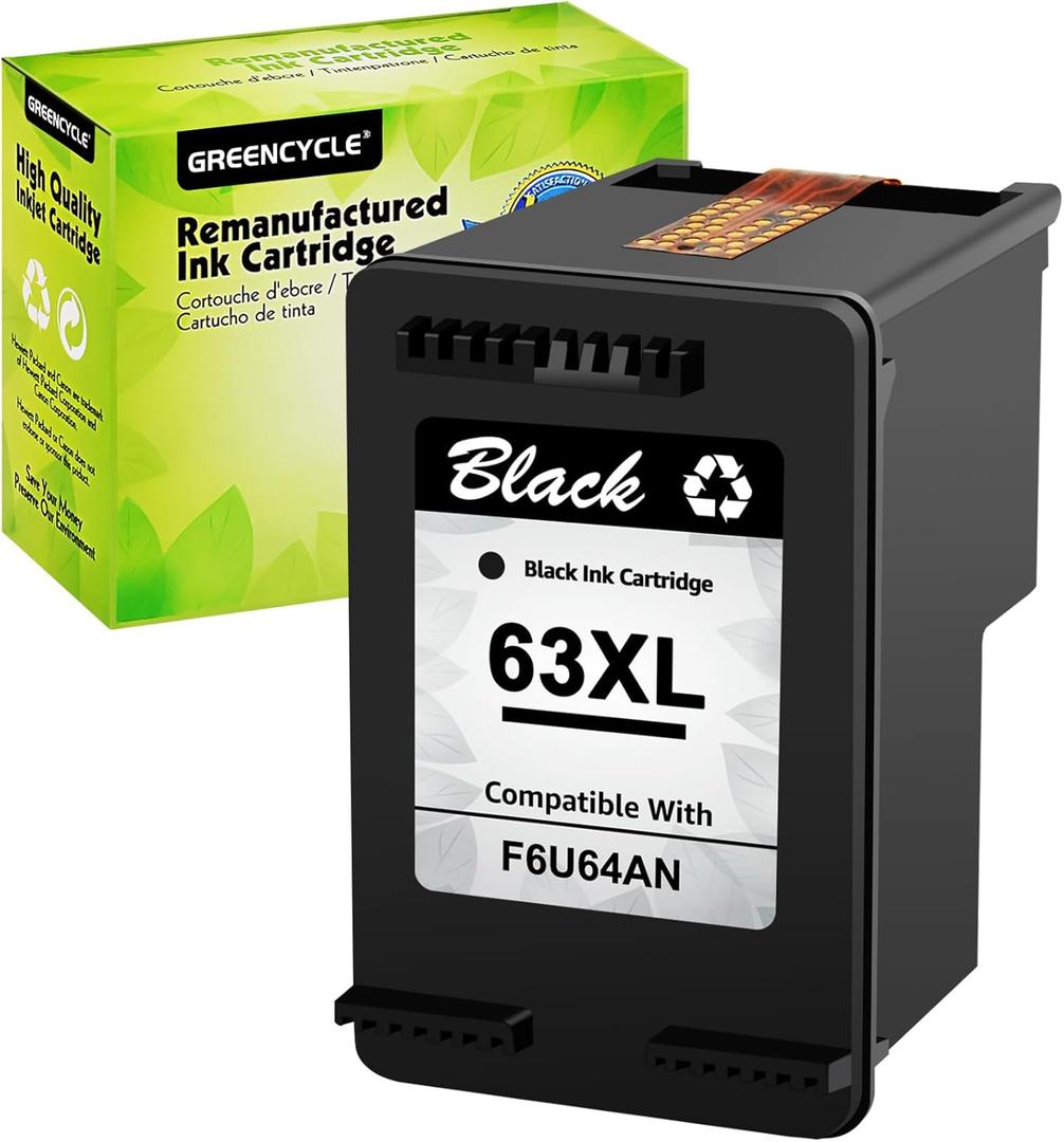 greencycle 1 Pack 63XL Remanufactured Ink Cartridge Replacement for HP 63 XL High Yield Black Cartridge use with OfficeJet 3830 4650 5200 Envy 4510 4520 4528 DeskJet 1110 3630 3637