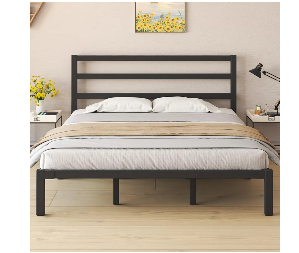Size Bed Frame, Metal Platform Bed Frame with Headboard, Large Under Bed Storage, Strong Metal Slats Support, No Box Spring Needed, Easy Assembly, Black