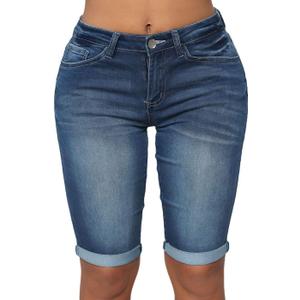 roswear Womens Mid Rise Roll Cuff Bermuda Stretch Denim Jean Shorts (Blue, M)