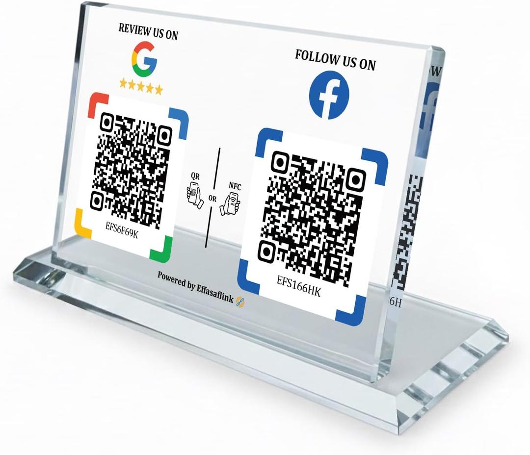 Dual Social Media Crystal Stand with NFC & QR Code - Compatible with Google Review Page & Facebook, Boost Business Reviews & Social Media Following, No App, No Subscription, Lifetime Promotional Desktop Decor for Business (GG+FB)