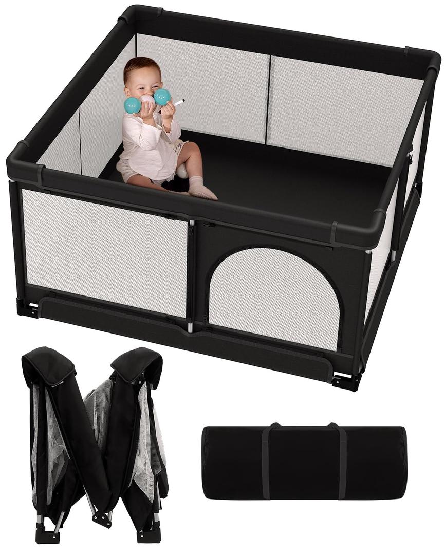 Patywaga Foldable Baby Playpen, Extra Large Collapsible Play Yard for Babies & Toddlers, Portable Travel Playpen with Gate, Safe Indoor & Outdoor Activity Center (51"x51" Black)