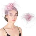 Fascinators Hats for Women, Tea Party Hat with Artificial Feather and Mesh, Vintage Lace Cocktail Headwear Veil Hair Clip (Pink)