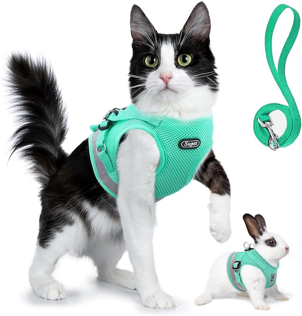 Supet Cat Harness and Leash Set - Soft Mesh Adjustable Cat Vest Harness with Reflective Strap for Walking Cat and Puppy Rabbit (L (Chest: 15.0" - 17.0"), Turquoise)