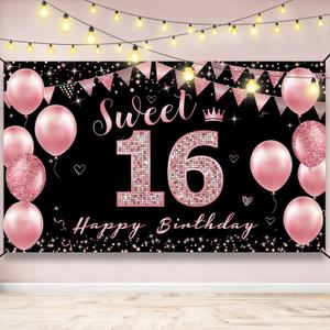 Sweet 16 Birthday Decorations Backdrop Banner, Happy 16th Birthday Decorations for Girls, Rose Gold Pink Sweet Sixteen Party Decoration, Sweet 16 Yard Sign Photo Props for Outdoor Indoor, Vicycaty