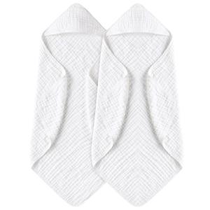 Yoofoss Hooded Baby Towels for Newborn 2 Pack 100% Muslin Organic Cotton Baby Bath Towel with Hood for Babies, Infant, Toddler and Kids, 32x32Inch, Soft and Absorbent Newborn Essential,White-2 Pack