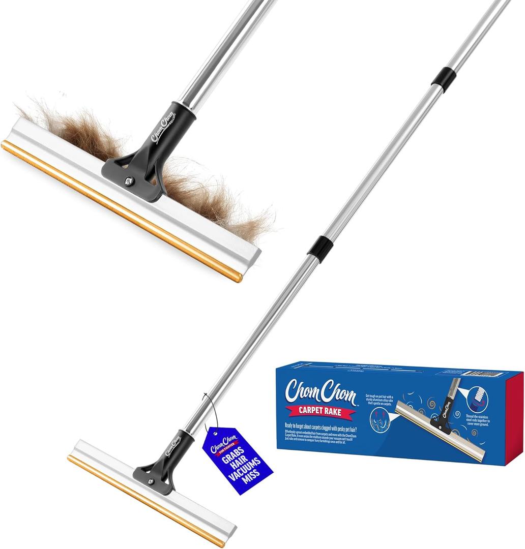 ChomChom Carpet Rake – Adjustable Pet Hair Remover Tool Up to 64 in Long – Deep Clean Embedded Pet Hair with Teeth Technology – Reusable, Quiet – for Carpets, Stairs, Rugs, Pet Beds, Cars & More