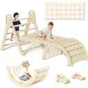 Pikler Triangle Set with Cushion, Montessori Climbing Set, Indoor Climb Toys, Indoor Playground Jungle Gyms, 9 Combinations Climbing Toy Set for Toddler, Baby, Kids 1-4 (Nature & 2car & Cushion)