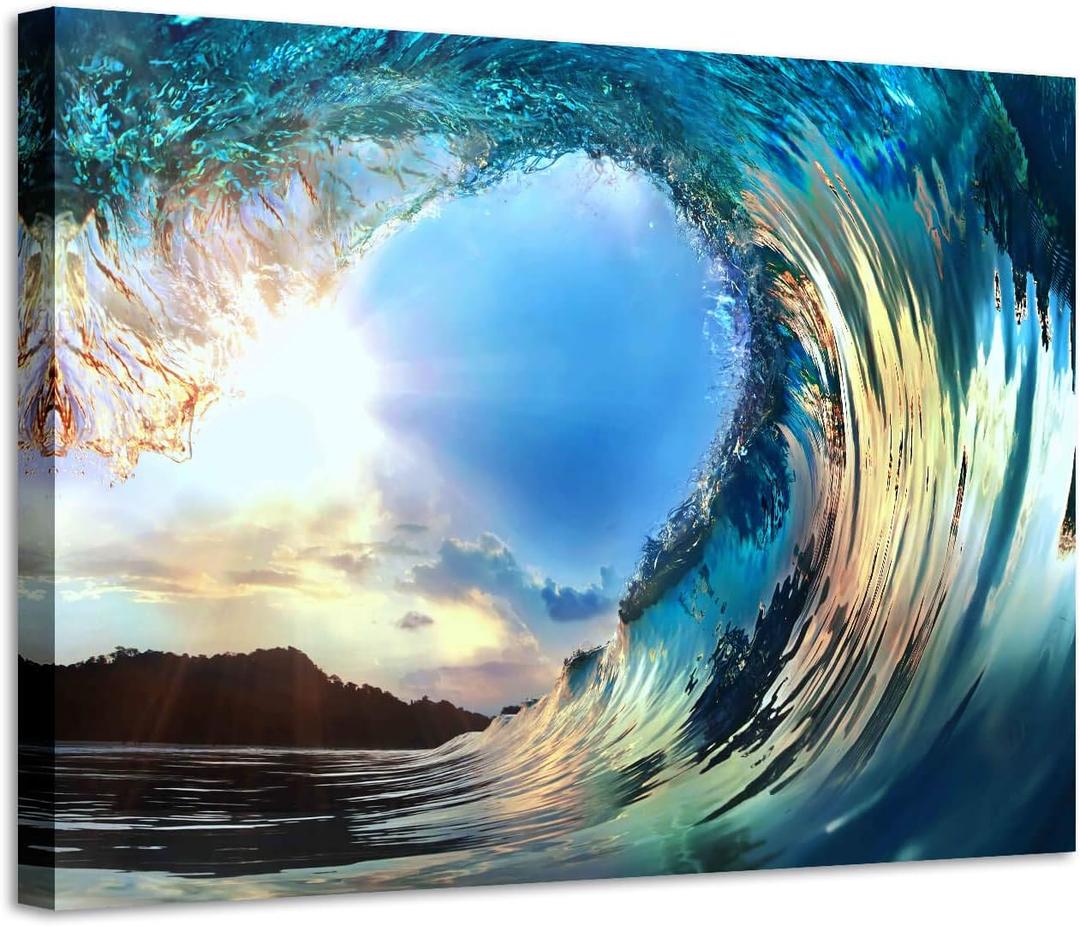 ARTISTIC PATH Ocean Wave Canvas Painting Picture: Seascape Artwork Sunset Wave Print Wall Art for Living Room (45''W x 30''H,Multi-Sized)