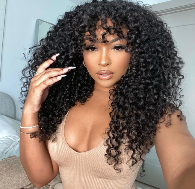 200 Density Curly Wig with Bangs Human Hair Full Machine Made Scalp Top Wig Glueless Virgin Brazilian Long Curly Wig No Lace for Black Women Natural Color 20 inch