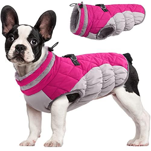 FUAMEY Dog Coat, Medium, Pink, Faux Fur - Waterproof, Windproof, Reflective Cold Weather Coat with Built-in Harness, Fits Dogs 11 lbs and Up M