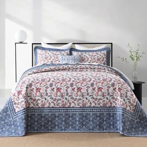 Oversized Queen Bedspreads 102"x120" - 100% Cotton Super King Quilt, Vintage Floral Pattern, Extra Large Lightweight Reversible Quilted Bedspread Coverlet, 3 Pcs, Blue/Red