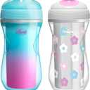 Chicco Insulated Sippy Cup 12+ Months, 9oz Toddler Training Cup with Bite-Resistant No-Spill Rim Spout, Double-Wall, BPA-Free, 2-Pack, Teal/Pink/Floral