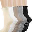 5 Pairs Pilates Yoga Socks with Grips for Women, Cute Cotton Ruffle Frilly Cuff Non Slip Grippy Athletic Crew Socks, M