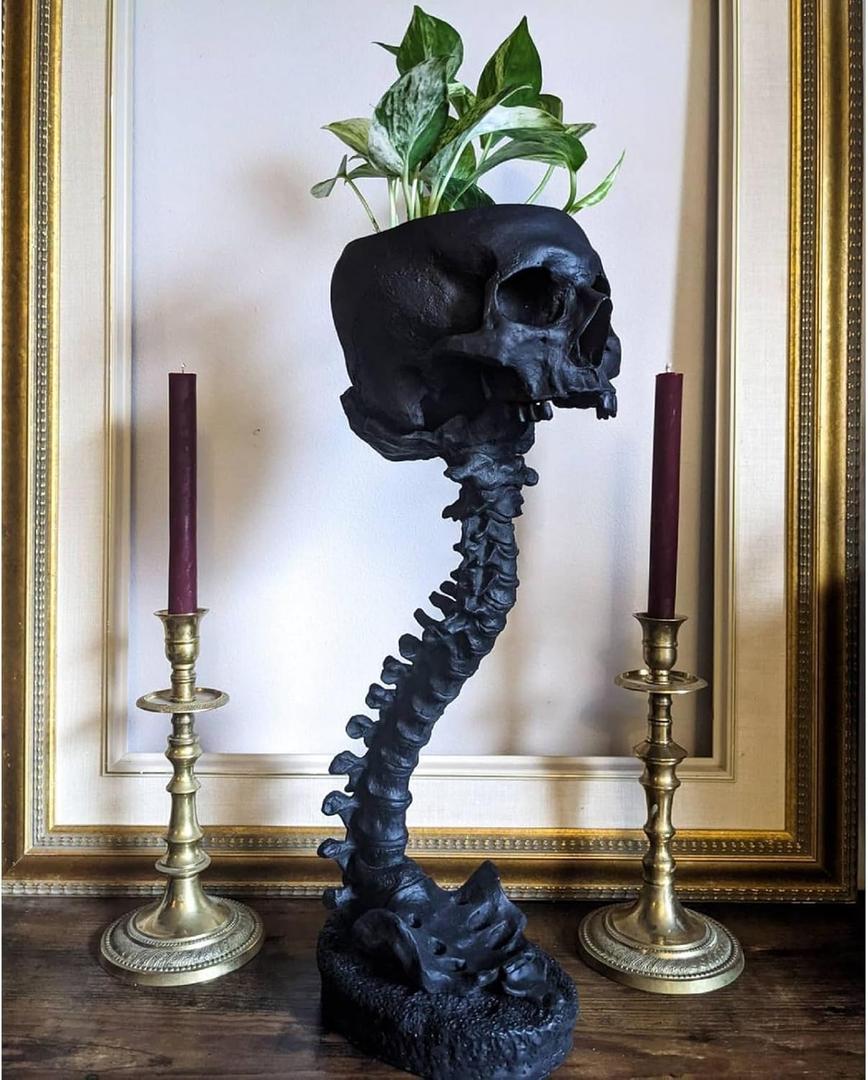 Skull Planter & Spine Stand, Resin Skeleton Flower Pot, Gothic Spooky Halloween Home Decor, Horror Skull Decor, Candy Bowl, Halloween Decorations for Home Office Indoor Outdoor Decor (Black)