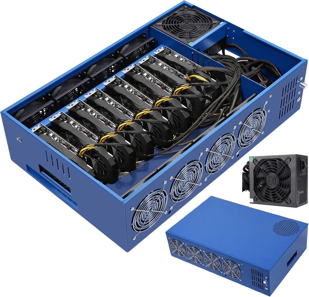 GPU Mining Rig Case, Complete Mining Systerm for ETC/Ergo/Raven Coin Crypto Mining with 8 GPU Mining Motherboard, 1800W PSU(110v-220v), 8 Fans, RAM, SSD, CPU(Excluding GPUs) -Blue