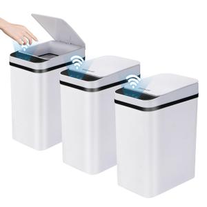 3 Pack Bathroom Trash Can with Lid, 2.5 Gallon Small Slim Trashcan, Automatic Trash Can Touchless, Motion Sensor Waterproof Plastic Trash Bin for Bedroom, Kitchen, Office, Living Room (White)