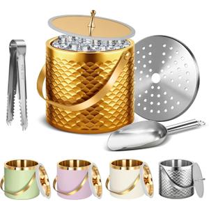 Ice Bucket, Ice Bucket with Silicone Sealing Ring Double-Wall Vacuum Insulation Champagne Buckets with Filter Layer Ice Tongs Ice Scoop (Scaled Gold, 3 L)