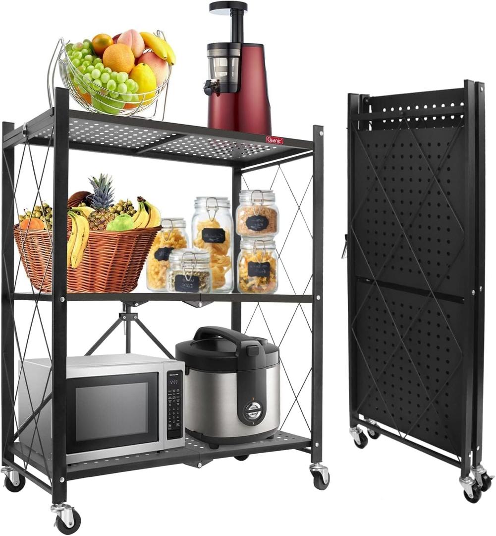 DEANIC 3 Tier Foldable Storage Shelves with Wheels, Kitchen Appliance Stand, Freestanding Metal Wire Shelf Rack, No Assembly Organizer Rolling Cart for Garage, Basement, Pantry(Grey)