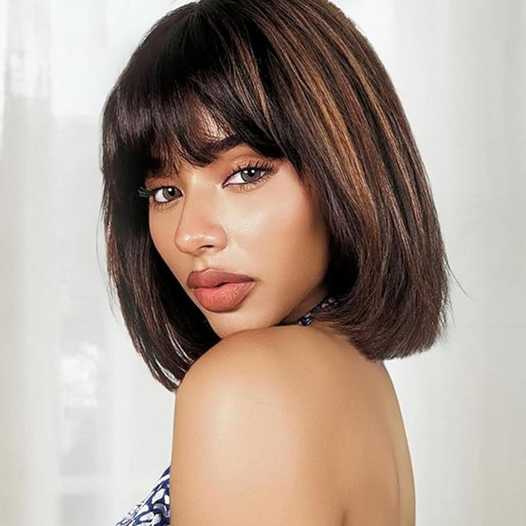 Straight Bob Wig with Bangs Human Hair Glueless 2X4 Lace Bob Wig with Black Highlights, Ready to Go Short Wigs For Women 180 Density (Breathable Cap) (Highlights-10inch, 2X4)