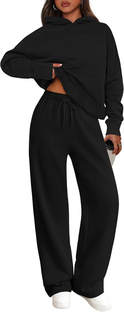PRETTYGARDEN Women's 2 Piece Outfits Spring Sweatsuits Oversized Hoodies Wide Leg Sweatpants Tracksuits Lounge Matching Sets (XX-Large, Black)