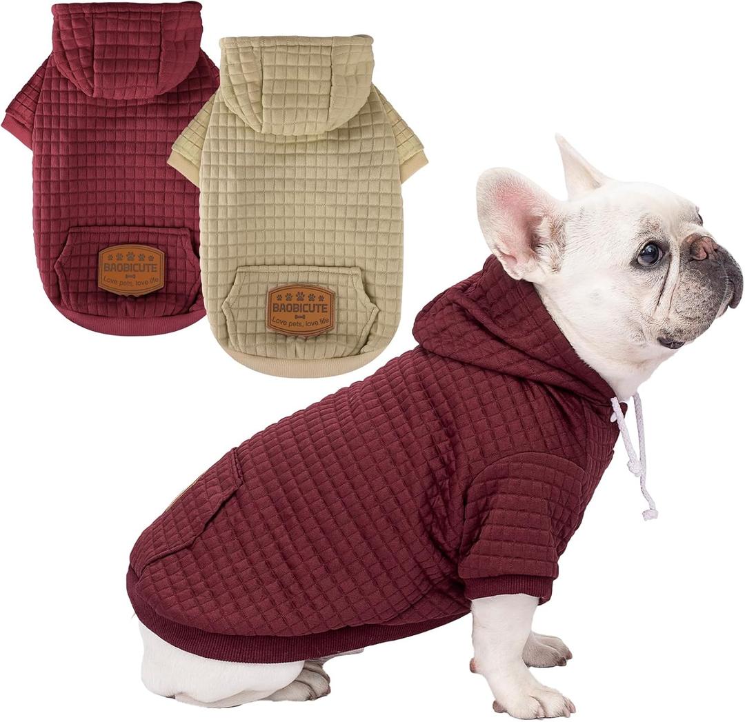 2 Pack Dog Hoodie Sweaters for Small Medium Dogs Warm Dog Clothes for Large Dogs Soft Waffle-Like Laminated Sweatshirt Bulldog (Brown+Wine Red, L (Back: 19",Chest: 28", Neck: 17.5"))