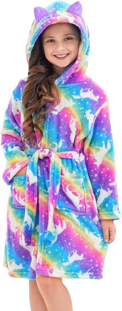 Doctor Unicorn Girls Leopard Cat Robe Kids Fleece Warm Hooded Bathrobe (10-11 Years)
