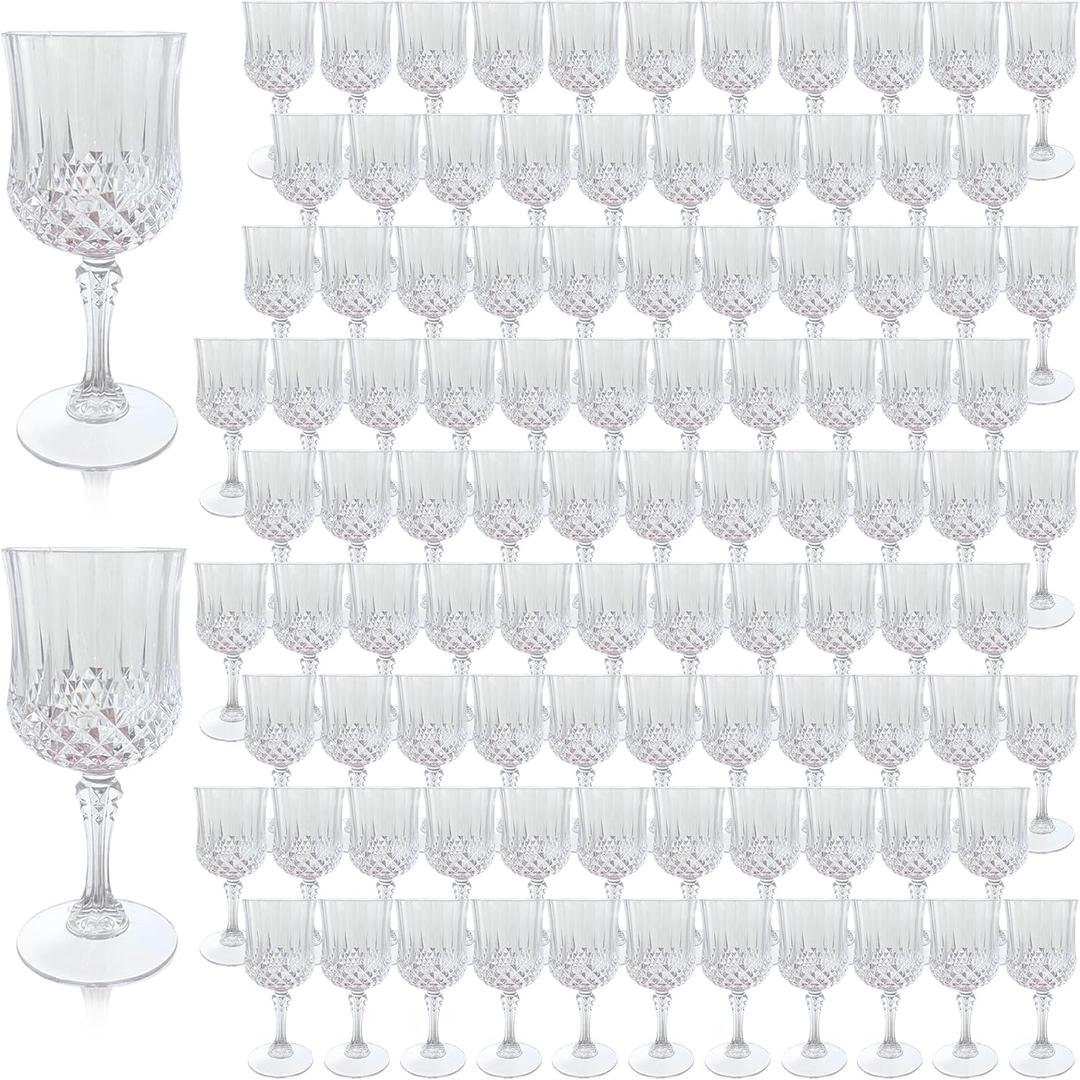 Plastic Wine Glasses, Plastic Goblets Vintage Style Cordial Unbreakable Drinking Glasses, Reusable Drinkware for Wedding Reception, Grand Event Party Supplies (100, Transparent)