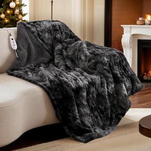 Bearhug Heated Throw Blanket 50" x 60" Electric Throw Warming Blanket Reversible Faux Fur & Sherpa, 6 Heating Levels & 4H Auto Off, Over-Heat Protect, ETL, Washable Heated Blanket Marble Black