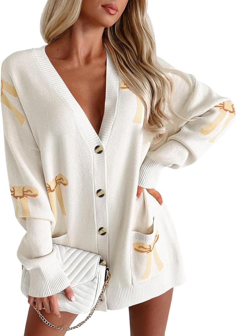 Saodimallsu Womens Oversized Cardigan Sweaters Bow Printed Button V Neck Long Sleeve Loose Knit Fall Trendy Coats (Beige)