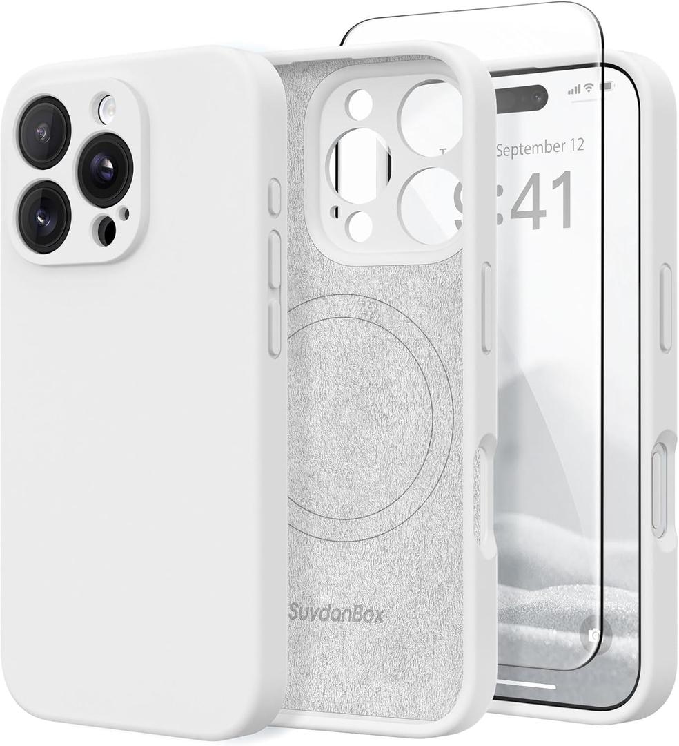 Magnetic for iPhone 16 Pro Max Case, Compatible with MagSafe, [Full Camera Protection][Screen Protector] Silicone Shockproof Protective Phone Case for iPhone 16 Pro Max 6.9", White