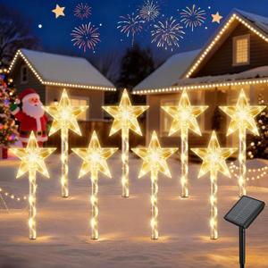 Solar Lights Outdoor Christmas Decorations: 8 Pack 64 Warm White LED Star Pathway Lights - 2025 Upgrade Outside Solar Christmas Decorations with 8 Modes for Yard Garden Porch Lawn Decor