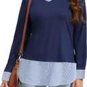 Oyamiki Women's Casual Collared Curved Hem 2 in 1 Pullover Tops Plaid Contrast Shirt Blouse (Blue, S)