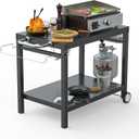 LS'BABQ Outdoor Grill Table Cart, Pizza Oven Stand, BBQ Prep Table with Trash Bag Holder Wheels & Hooks, Double-Shelf Movable Food Prep and Work Stand, Powder-Coated Steel Flattop Grill Cart