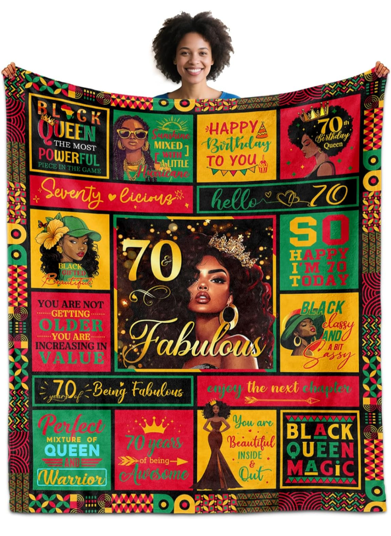 African American 70th Birthday Gifts for Women, Gifts for 70 Year Old Birthday Black Women Blanket 60"x50", 70th Birthdays Decorations for African Woman, 70 Year Old Birthdays Gift for Black Mom