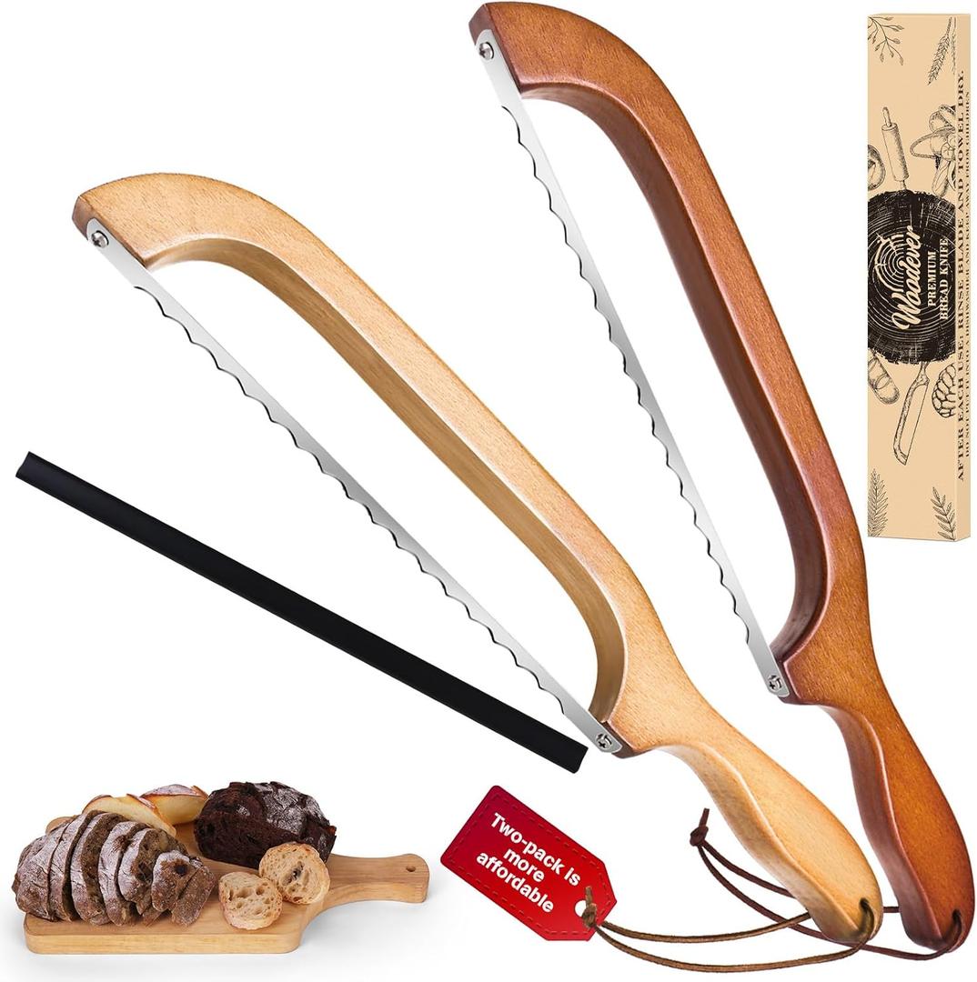 Woodever Bread Knife, 2 Pack Bread Slicer for Homemade Bread, 16'' Wooden Sourdough Bread Knife with Bow Design, Premium Stainless Steel Serrated Bread Cutter for Bagels and Baguettes