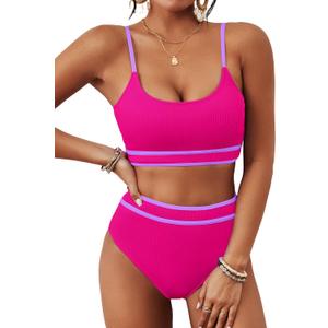 BMJL Women's High Waisted Bikini Ribbed Two Piece Swimsuit High Cut Color Block Adjustable Straps Bathing Suit (Large, Hot Pink043)