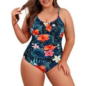 Plus Size Swimsuit for Women Tummy Control One Piece Bathing Suit Vintage Swimwear Flower Print 2XL