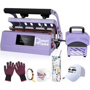 Tumbler and Hat Heat Press Machine, 2-in-1 Combo Machine for Cup and Cap with Gloves and High Temp Heat Resistant Tape for 11oz-30oz Sublimation Tumbler and All Caps, Purple