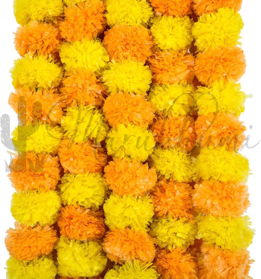 Marubhumi 5 PC - 5 feet Artificial Marigold Flower Garland  Long Strands for Diwali, Wedding & Festive Decoration  Traditional Indian Home Decor (Lemon/Mango)