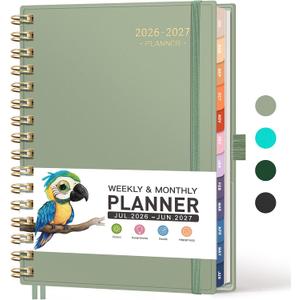 RETTACY Academic Planner 2026-2027, Weekly and Monthly, July 2026 - June 2027, Medium Size (5.7" x 8.3"), Calendar, Agenda, 12-Month Tabs, for Student, Teacher, School (Light Green)