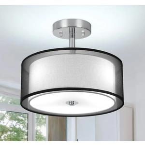 DLLT 3 Lights Semi Flush Mount Ceiling Light Fixture, Modern Black Ceiling Lamp with Double Fabric Shade, Close to Ceiling Lamps for Kitchen, Bedroom, Hallway, Dining Room