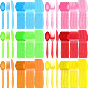 Hoolerry 180 Pcs Neon Party Plastic Silverware Set Colorful Rainbow Disposable Cutlery Bulk Includes Forks Spoons Knives for Parties Supplies Favors, 6 Colors
