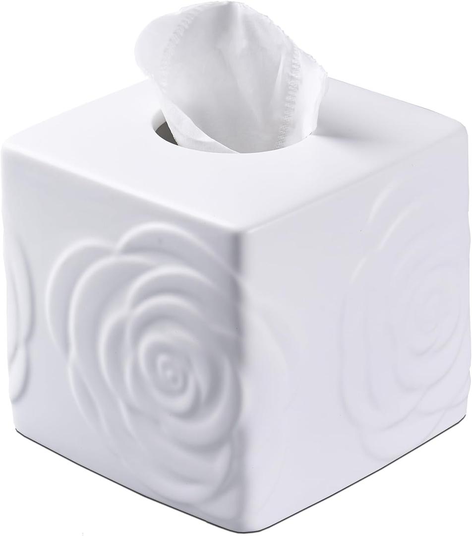 White Ceramic Rose Tissue Box Cover, Carved Flowers Large Square Tissue Box Holder Decorative for Bathroom, Vanity, Kitchen Countertop, Bedroom Night Stands, Office Desk Top (5.8*5.8*5.5)