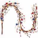 Wavwavw 59 Inches 4th of July Patriotic Garland Lighted Red White Blue Memorial Day Garland Artificial Star and Berry Lights Battery Operated 250th Anniversary Decor for Home Mantle Fireplace Table