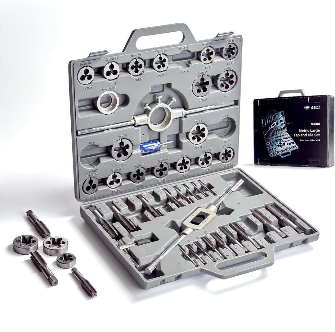 toolant 45pcs Metric Tap and Die Set, M6-M24 Large Threading Set with Round Dies for Cutting and Rethreading Internal and External Threads