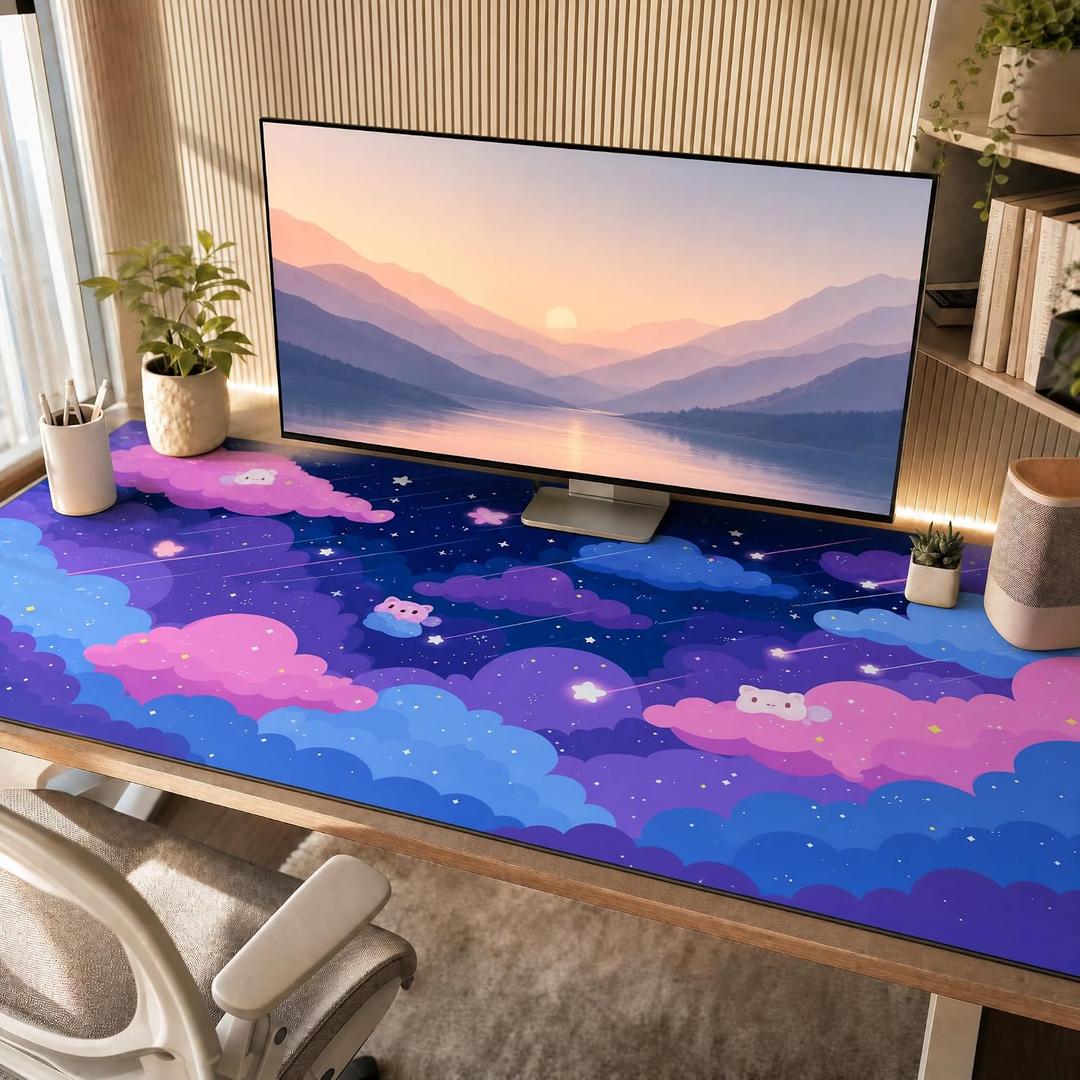 Extra Large Mouse Pad 48x24 Inch, Cute Cartoon Cat Starry Sky Desk Mat with Non-Slip Base, Purple Mousepad for Gaming Office, Soft Keyboard Mat for Full Desk Coverage