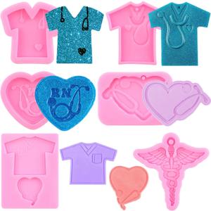 Doctor Theme Resin Molds Nurse Shirt Heart Stethoscope Silicone Keychain Mold Medical Emblem Resin Molds for DIY Handmade Necklace Jewelry Crafting Making Set of 6 A Style