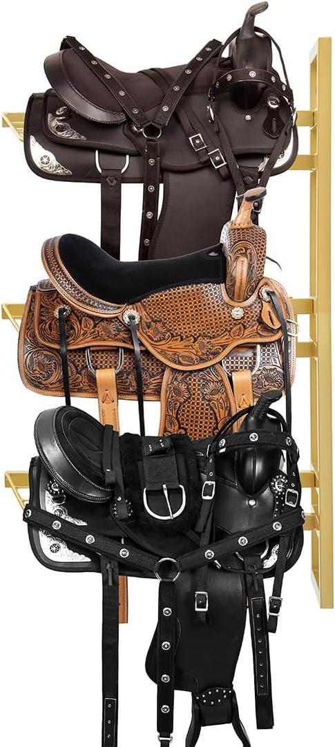 Wall Mounted Horse Saddle Rack, 3-Tier Heavy Duty Western and English Saddle Storage, Equestrian Saddle Stand Holder for Horses Supplies Accessories, Gold